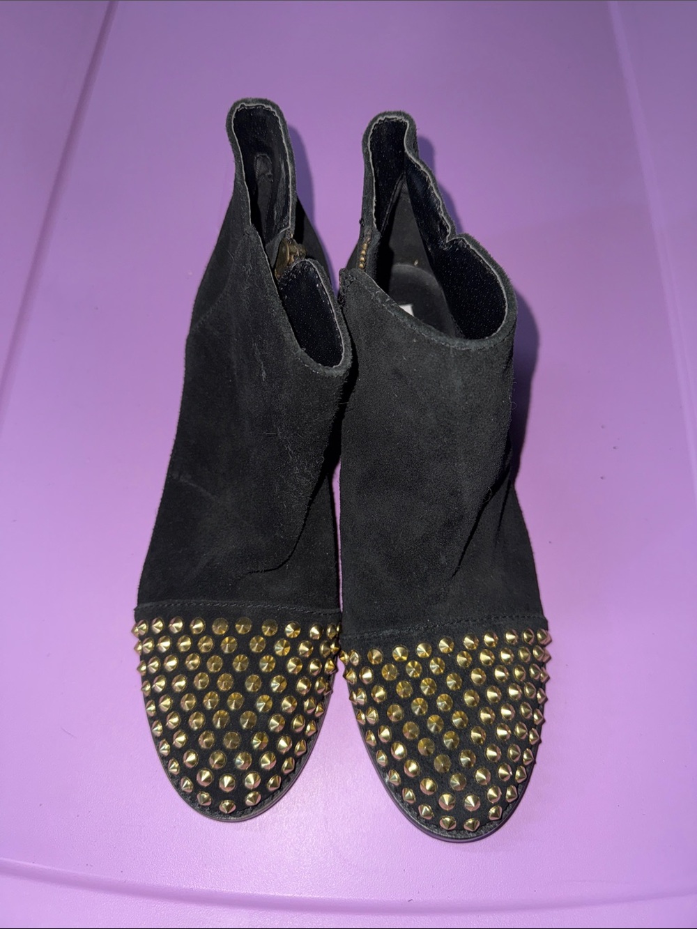 Steve Madden Black Suede Ankle Booties with Gold Studded Toe